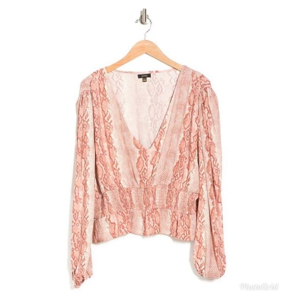 AFRM X Revolve The Olive Long Sleeve Smocked Crop Top In Soft Warm Snake Leopard - Picture 4 of 12